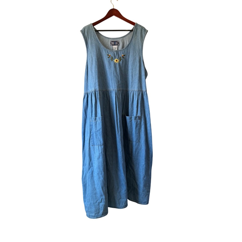 True Blue Vintage Denim Sunflower Embroidered Pinafore Dress Light Wash 24W